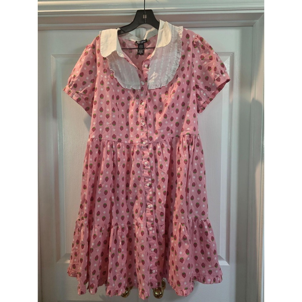 Hot Topic Dress Juniors 1 Pink Strawberry Polka Dot Collared Ruffle Swing Shirt